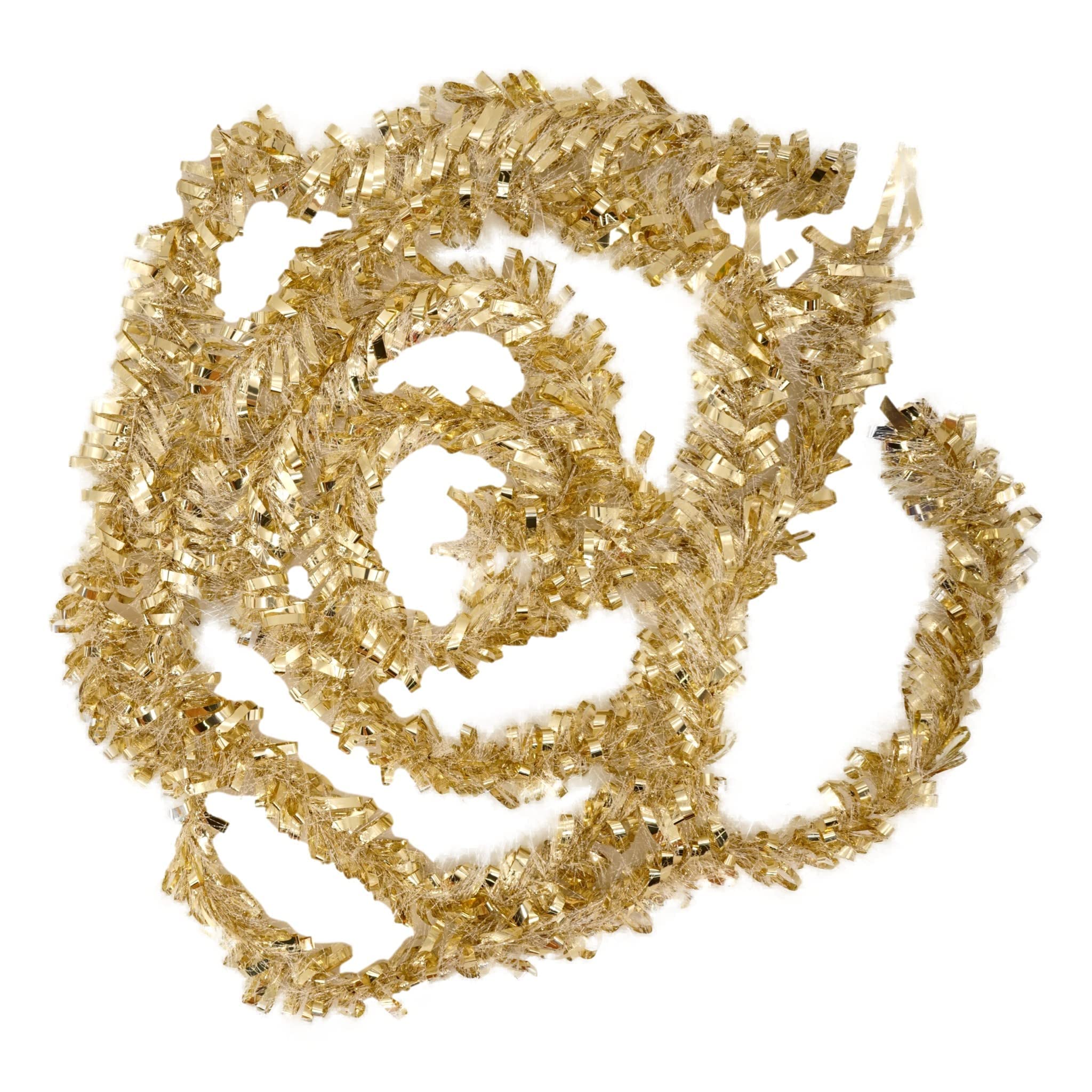 Tinsel Garland Metallic (2 Pack, 15 ft ea) Holiday Streamers Christmas Tree Decoration, Big and Thin Strands (Gold and Translucent White)